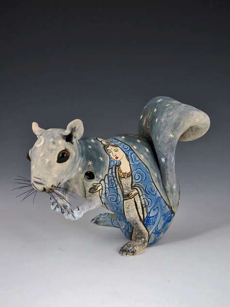 squirrel-sculpture-Joey-Chiarello The-Dawn-of-compassion-ceramic,-underglaze,-glazes,-boars-hair-and-steel---- Joey Chiarello