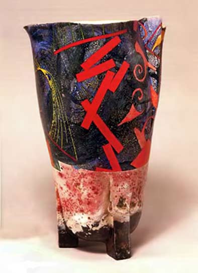 Bennett Bean - Untitled-(Drunken-Lily-Series),-1996 Earthenware,-pit-fired,-acrylic,-gold-leaf-interior-15x9