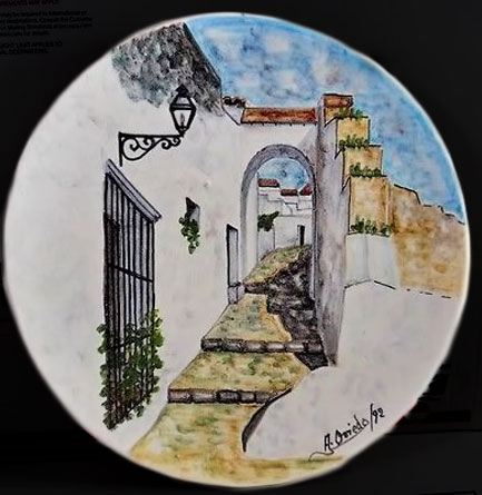Vintage-Wall-Plate-Hand-Painted-colonial-street-A.-Oviedo