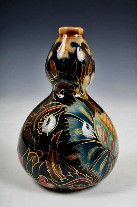 floral decorated gourd vase by Zsolnay
