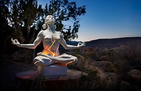 Expansion - seated female in full lotus with hand mudras sculpture by Paige Bradley