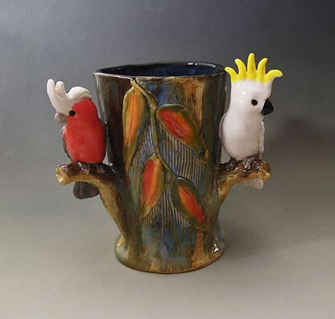 3 bird vase- Anita-Reay Gum leaves with Galah and cockatoo