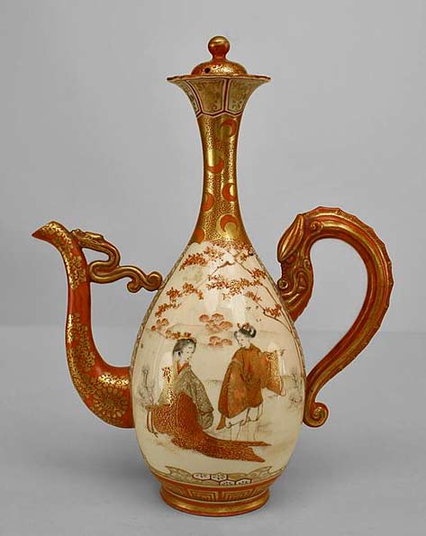 Asian-Japanese-(19th-Cent)-Satsuma-porcelain-decorated-pitcher-with-scrolll-handle-and-scenes-of-2-women-and-floral-design