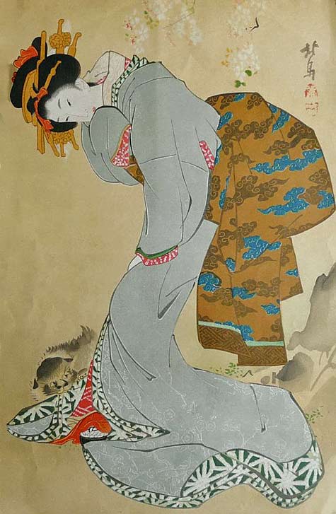 Circa-1890-antique-japanese-woodblock-print-BIJINGA.-WOMAN-playing-with-a-CAT