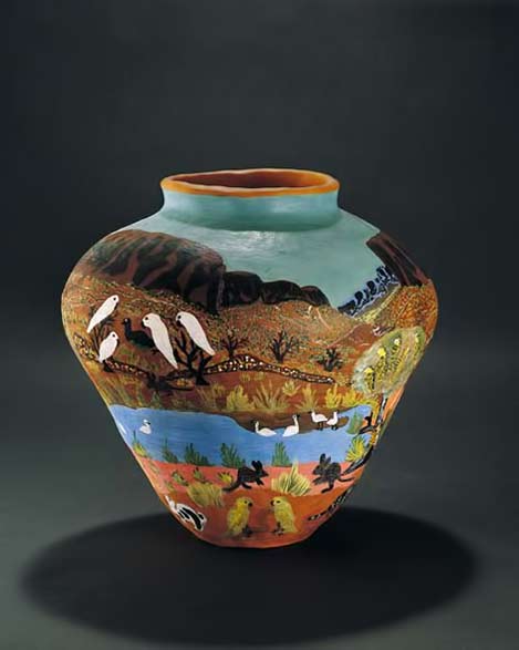 ENTATA,-Mrs;-HERMANNSBURG-POTTERS handpainted pot with landscape vista