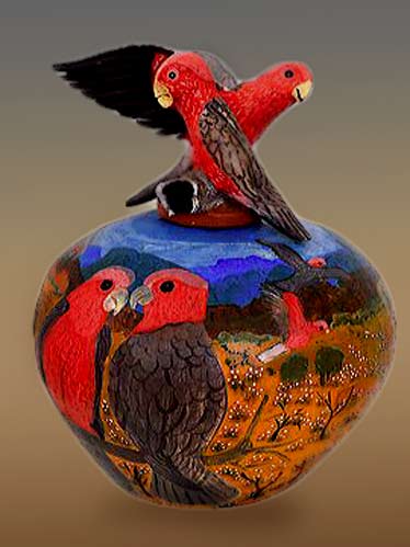 Hermannsburg-Potters pottery jar with red parrots