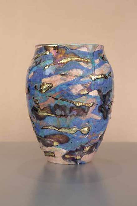 Paul-Katrich-irridescent pottery March-Sunrise-lustra glaze vessel by Paul Katrich