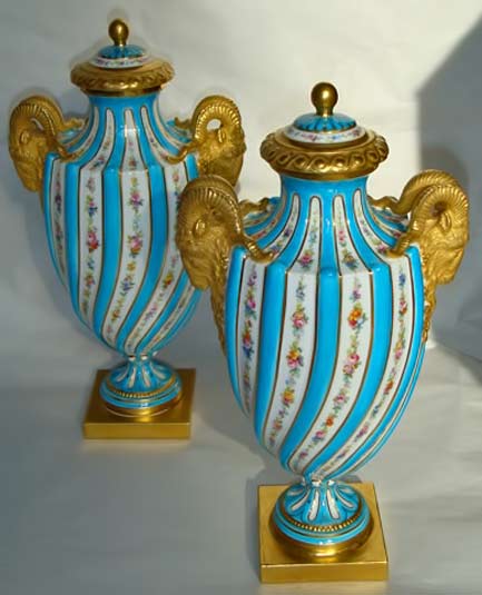 Mintons-'sevres'-lidded vases - turquoise with golden handles