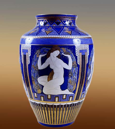 Sevres-Art-Deco-baluster vase with white nude women on a blue and gold background