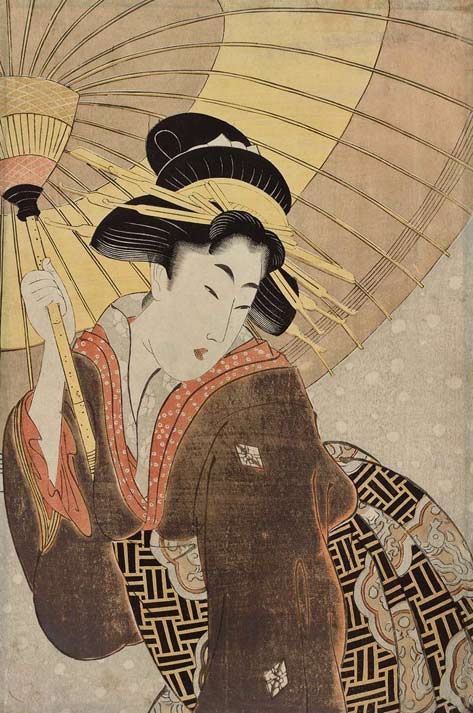 Woman-with-Umbrella-in-Snow-Artist-Unknown,-Japanese-Attributed-to-Kitagawa-Utamaro-I,-Japanese,-–1806-Japanese