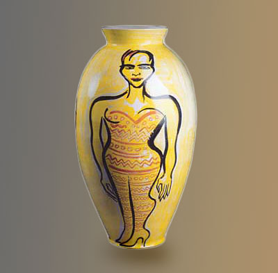 Yellow vase with standing female motif by Elvira Bach