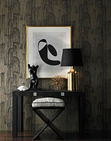 Kelly-Wearstler-wallpaper-design with matching gold ceramic lamp