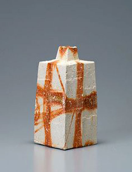 Ken-Matsuzaki,-Square-vase,-hidasuki-technique,-stoneware,-10-x-5-x-5-inches - orange and white glaze