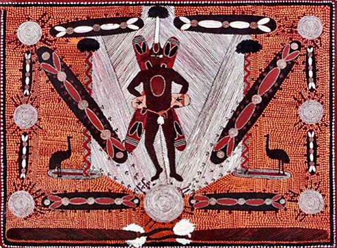 Paintings---Clifford-Possum-Tjapaltjarri---Emu-Corroboree-Man-1972