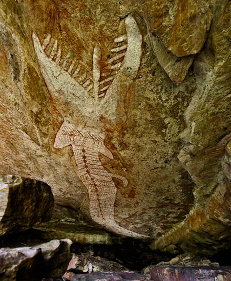 Rainbow-serpent-rock-art on cave ceiling - Australia