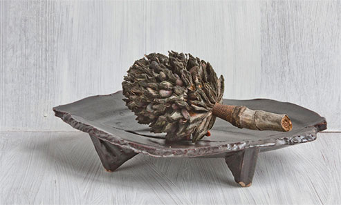 Catherine-White---2009-Winter-Solstice---Chinese-Magnolia-Seed-Pod on a footed ceramic platter