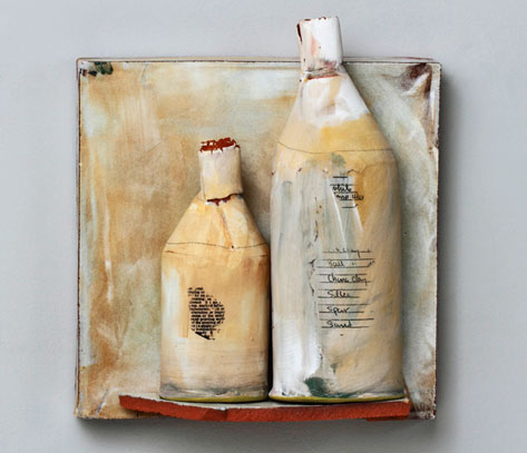 Ceramic bottles and wall shelf by Nancy Selvin