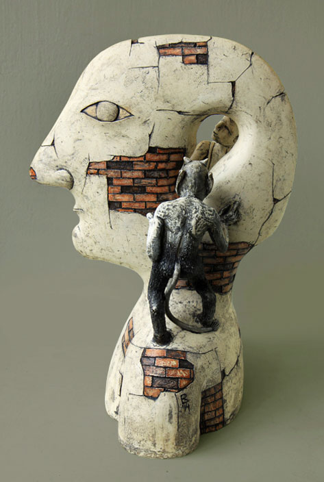 Conversation-through-a-Wall----Ricardas-Lukosiunas Head sculpture with small figures