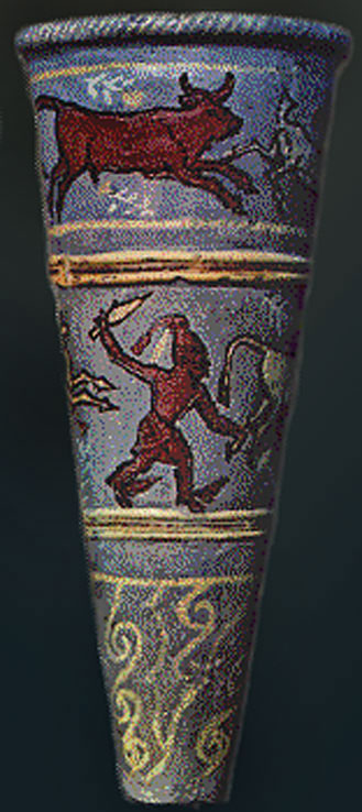 Cretan-style-fritware-decorated-rhyton--with a man fighting a bull motif