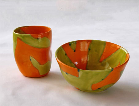 Elnaz-Nourizedah--Collection--Olive green and orange mug and bowl