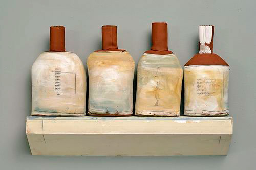 Nancy-Selvin-four ceramic bottles on a shelf