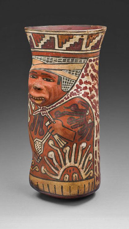NazcaSouth-coast,-PeruBeaker Molded in the Form of a Warrior Holding a Sling, 180 B.C.A.D500.The Art Institute of Chicago
