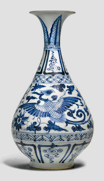 Blue and white ceramic 'Phoenix'-vase,Yuan-dynasty