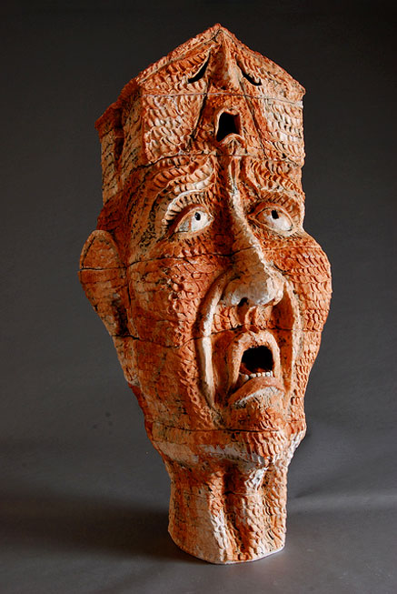 Pygothia,-2010,-Cheryl-Tall,-ceramic head sculpture with highly textured clay of a man looking skywards and fearful