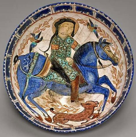 Persian Bowl with a Rider on Horseback accompanied by a Hound and Two Birds- 