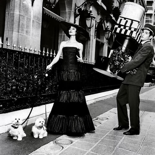 Ellen-Von-Unwerth photo - A lady in a dress and hat wth her two dogs and chaueffer