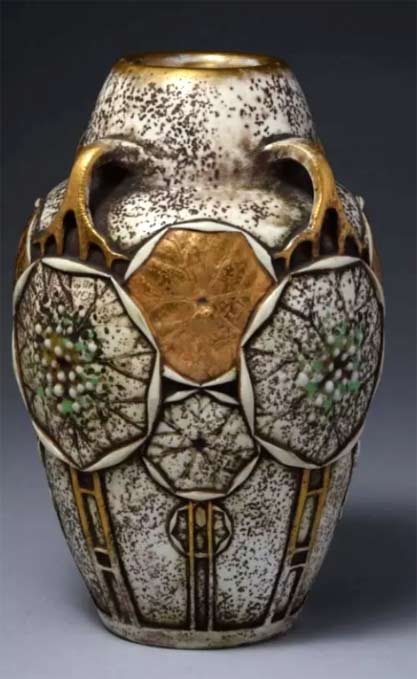 Ernst-Wahliss-Porcelain-Paul-Dachsel-Leaf-Vase with 4 lug handles