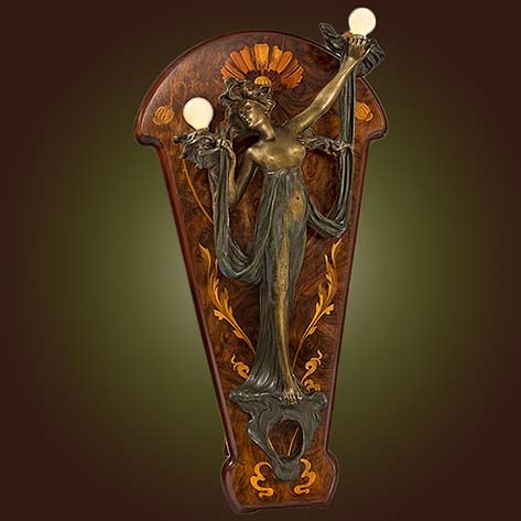 Georges-Flamand-French-Art-Novueau-Bronze-two-light-Sconce-on-Marquetry-Easel-Macklowe-GalleryNY
