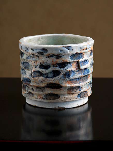 Adam Whatley Shino-Cup-Mendelssohn--Exterior has a very textured shino surface with heavily crawling glaze. Dark areas of iron oxide and manganese. 