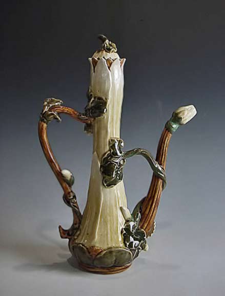 Zsolnay-Art-Nouveau-teapotTurkish coffee server with lid c. 1880Hand-painted majolica undulating leaves and buds...