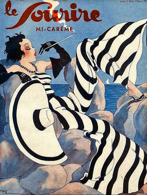 1933-le-sourire-magazine - a lady at the seaside dressed in a black and white striped outfit