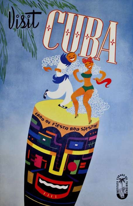 cuba-travel-poster male and female Cubans dancing on a congo drum