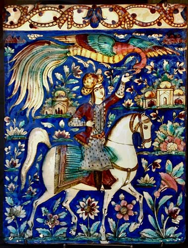 blue-horseman-danielle-adjoubel - iznik style ceramic tile with man riding a white horse and a phoenix