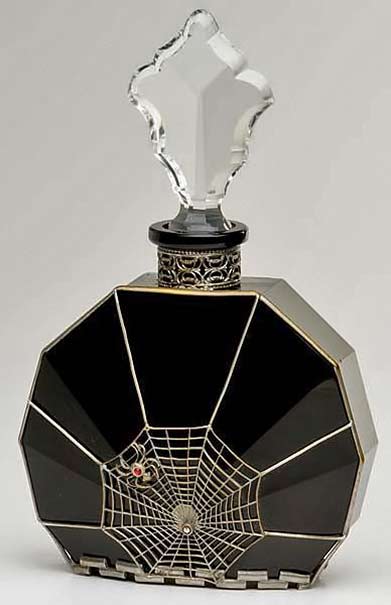 Black glass art deco-spider-and-web-perfume-bottle with crystal stopper