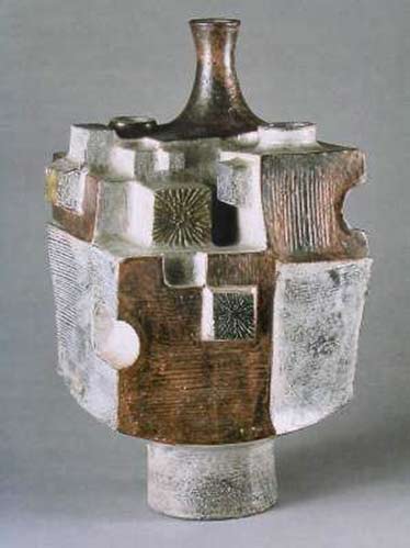 jean-derval-abstract-sculptural bottle in copper and white glaze