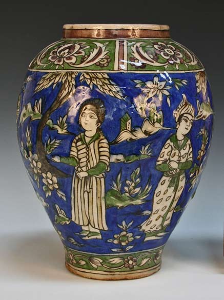 qajar-pottery-vase-probably-19th-century-the-high-shouldered-blue-ground-body-moulded-in-low-relief-and-decorated-with-five-figure