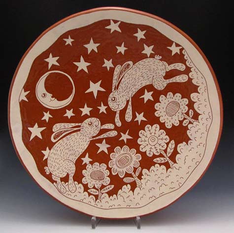 Ceramic Platter Rabbits Moon and Stars Large by RonPhilbeckPottery,