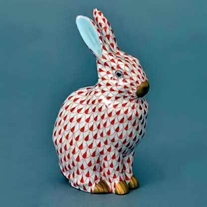 Herend-Rabbit porcelain sculpture with red on white surface pattern