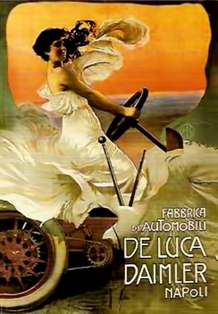 Art Nouveau poster of a woman in a white gown driving a vintage car