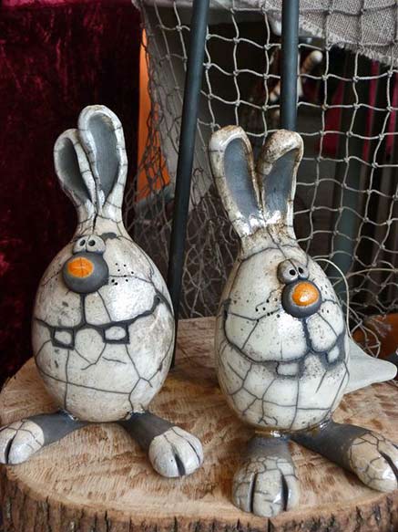Regina Chinow raku rabbit pair