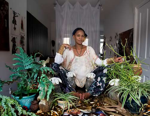 Kenyan artist Wangechi Mutu in her busy bunny garden