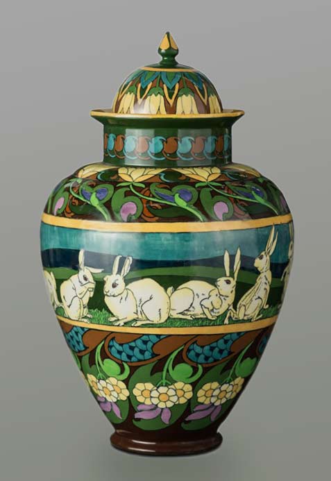 Rare Foley ware 'Intarsio' rabbit decorated ginger jar and cover, designed by Frederick Rhead,