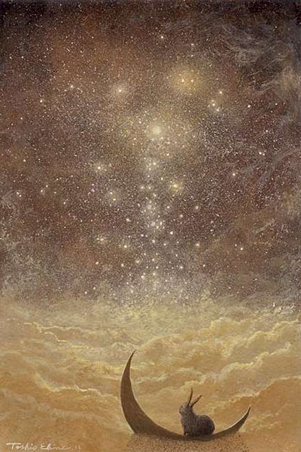 'Star Falls' by Toshio Ebine - rabbit on crescent moon painting