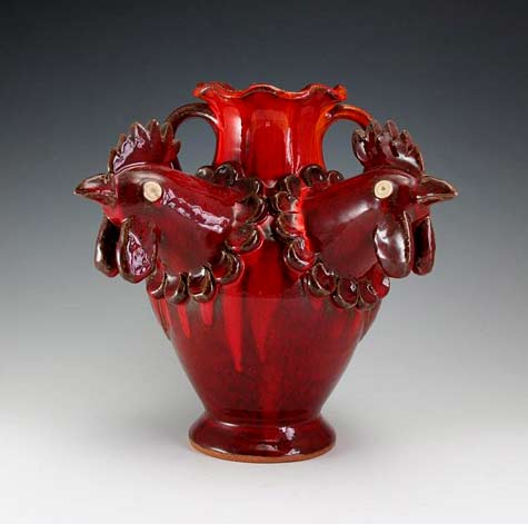 Red twin rooster head vase - AV Smith