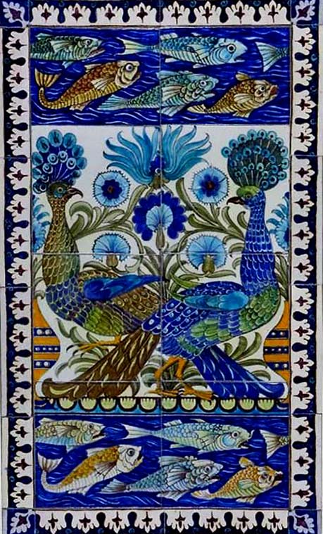 Peacock tiles, William De Morgan. with fish border