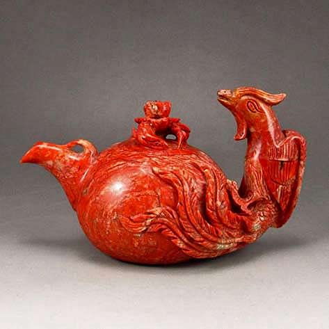 carved-Natural-Shoushan-Red Stone-Phoenix----Teapot